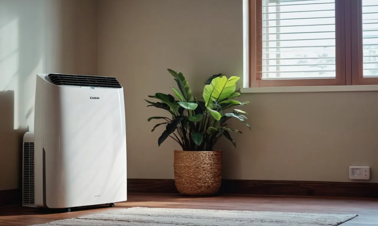 A photo showcasing a sleek, compact portable air conditioner placed in a room without a window, providing efficient cooling and comfort without the need for window access.