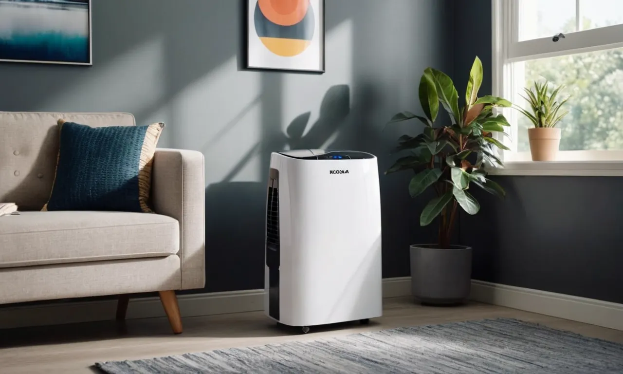 A photo showcasing a compact and sleek portable air conditioner, effortlessly cooling a sunlit room, with its convenient wheels and user-friendly control panel visible.