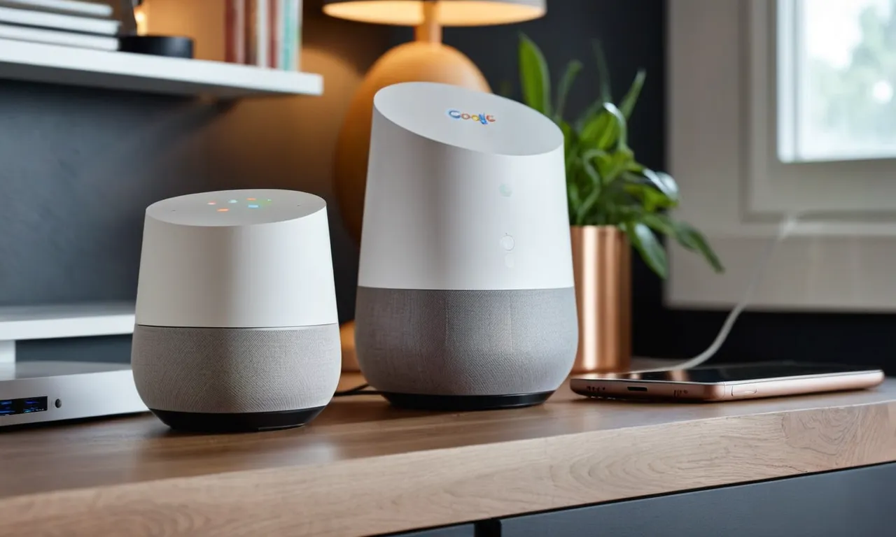 A close-up shot of a Google Home device plugged into a sleek, modern smart plug, seamlessly integrating smart technology into the user's home.