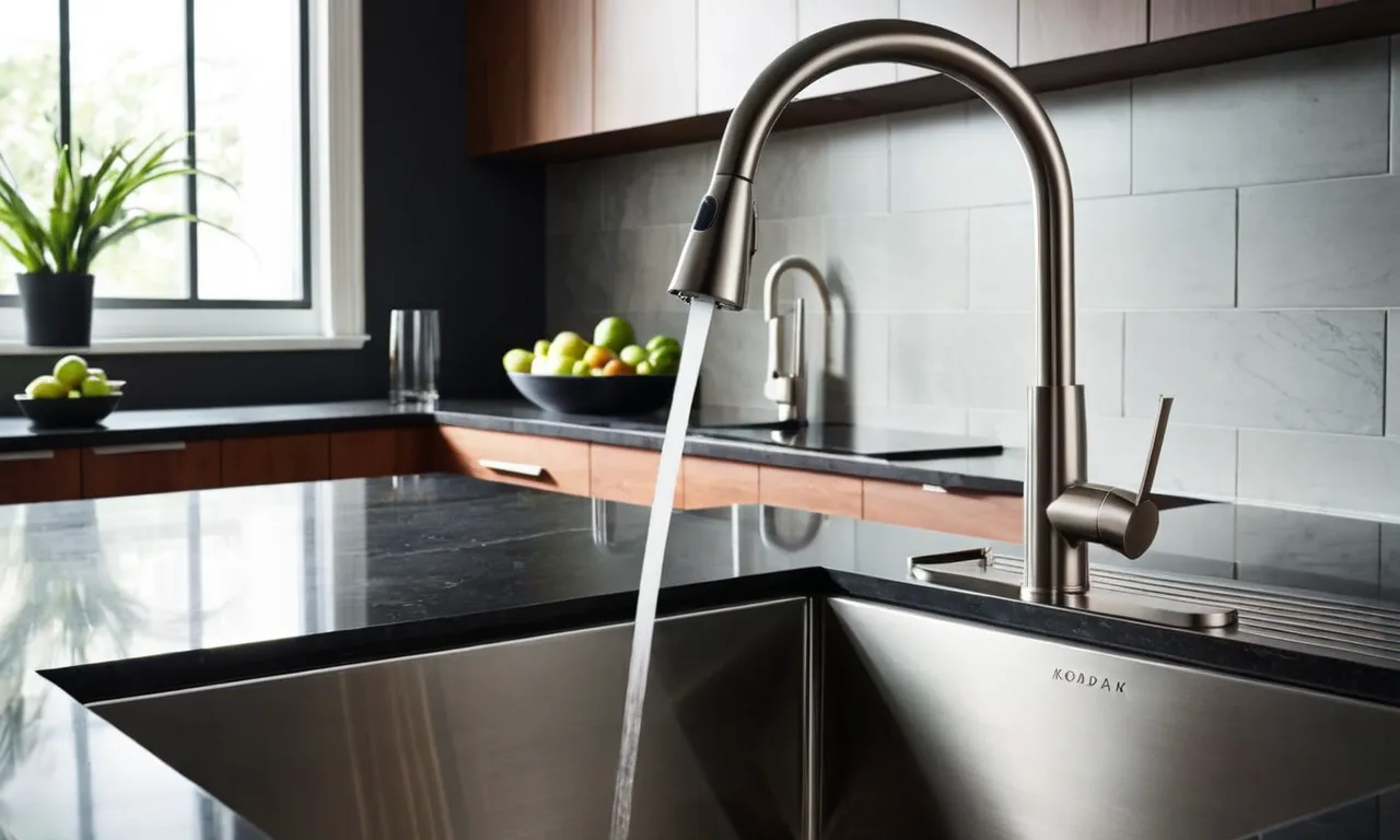 A close-up shot of a sleek, modern kitchen faucet with a pull-down sprayer, capturing its elegant design and functionality in a single frame.