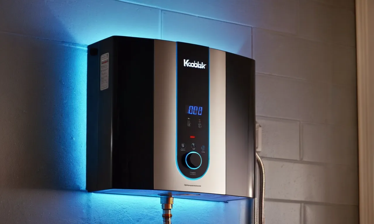 A close-up shot of a sleek, compact tankless electric hot water heater installed on a wall, emitting a gentle blue glow, symbolizing energy efficiency and modernity.