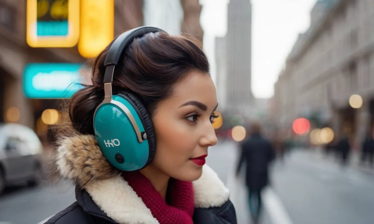 A close-up shot capturing a pair of stylish ear muffs, highlighting their noise reduction capabilities with a blurred background of a bustling city street.