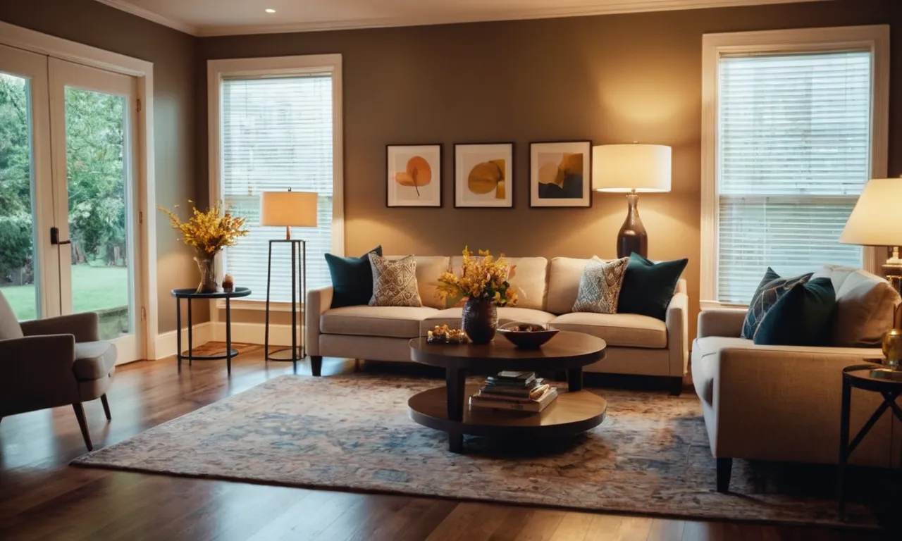 A well-lit living room showcasing a stylish floor lamp with a sleek design, casting a warm glow on a cozy seating area, creating an inviting ambiance for relaxation and conversation.