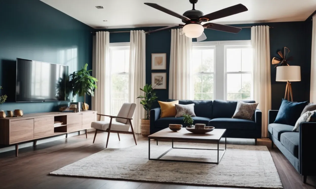 A captivating shot showcasing a stylish living room with a sleek, modern ceiling fan as the focal point, exuding a sense of elegance and comfort.
