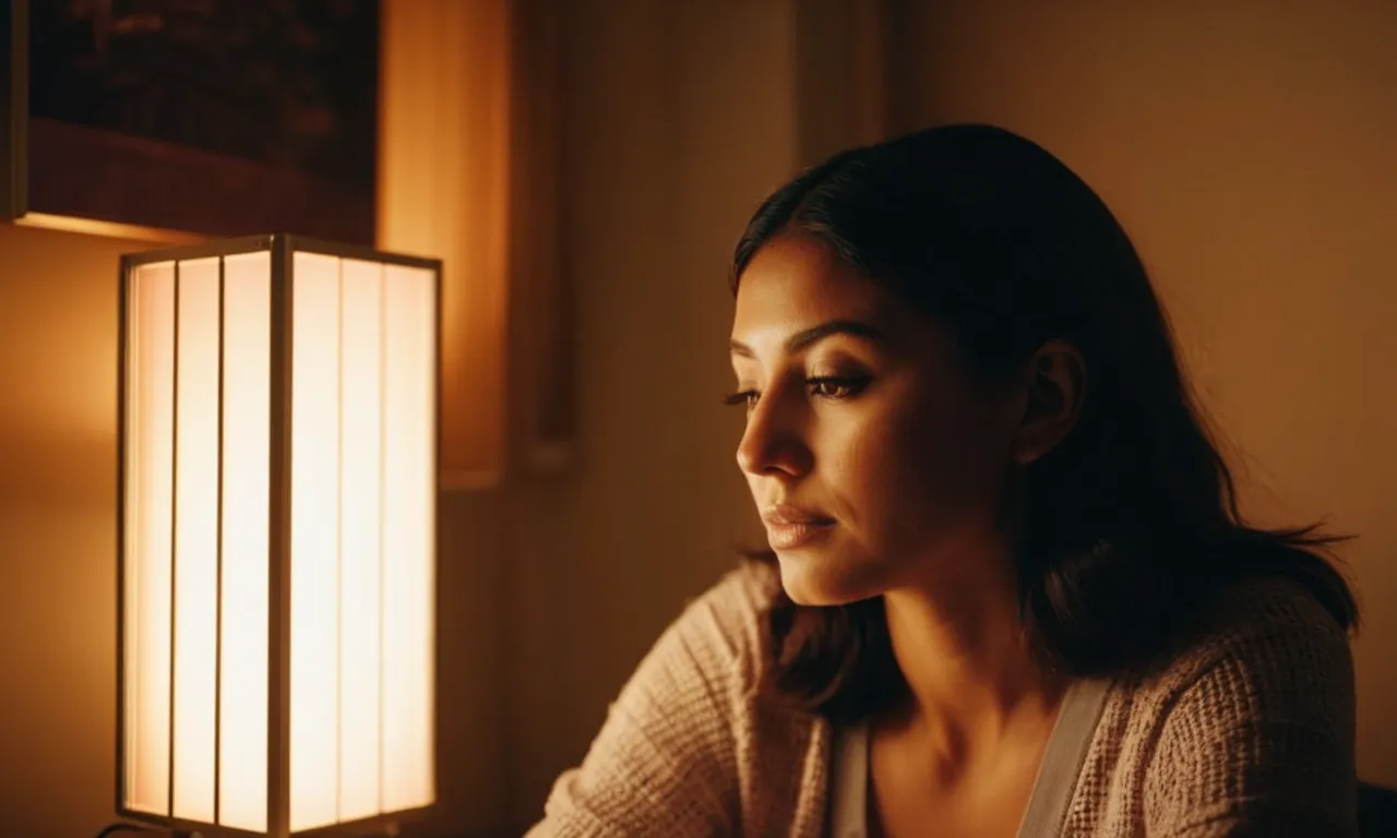 A serene photo of a person sitting in front of a light therapy lamp, their face illuminated by its warm glow, capturing the essence of hope and rejuvenation.