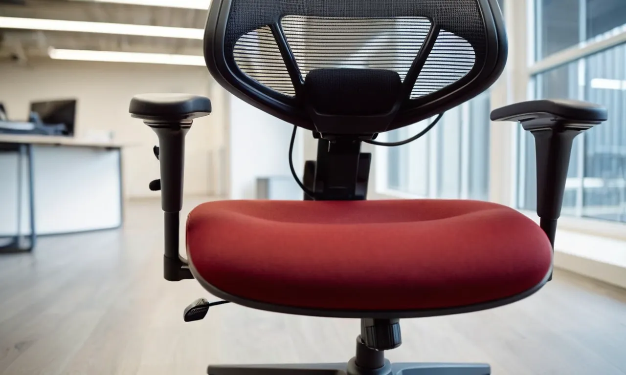 A close-up photo of a ergonomic office chair with adjustable lumbar support, memory foam padding, and a contoured seat, providing optimal comfort and relief for hip pain.