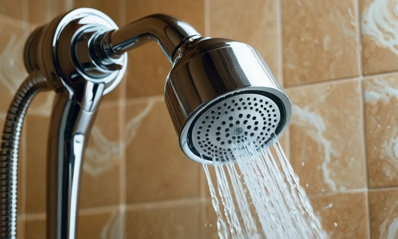 A close-up shot of a sleek, chrome handheld shower head capturing the fine spray of water, highlighting its adjustable settings and ergonomic design.