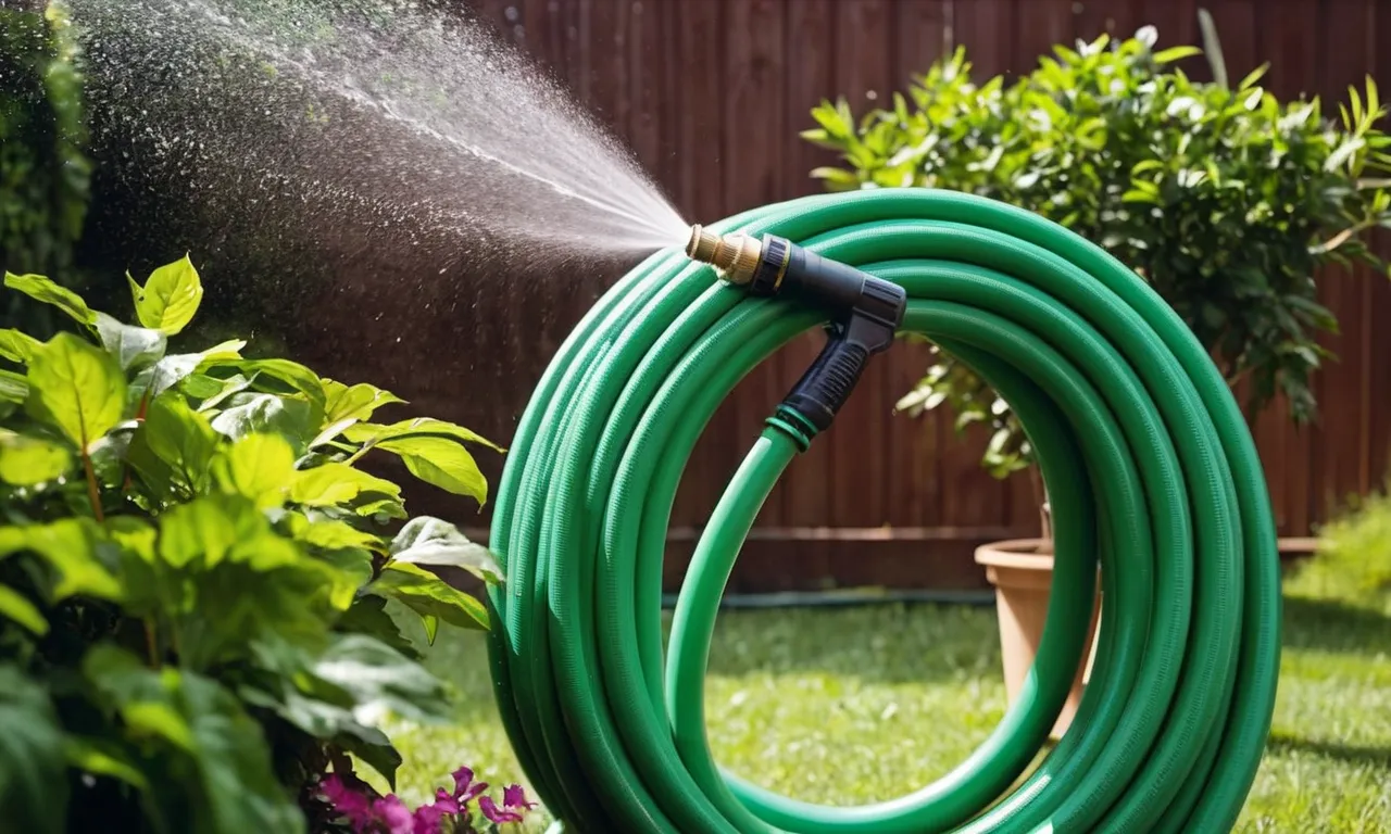 Captured in vibrant detail, the photograph showcases a garden hose with an attached high pressure nozzle, surrounded by lush greenery, demonstrating its ability to effortlessly blast away dirt and grime.