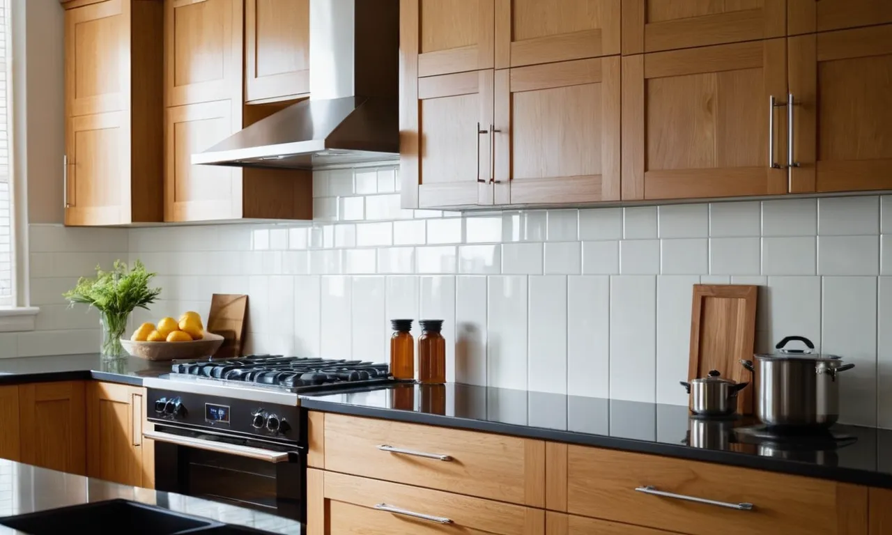 A close-up shot of a modern kitchen with honey oak cabinets featuring a stylish backsplash made of glossy white subway tiles, creating a clean and contemporary aesthetic.