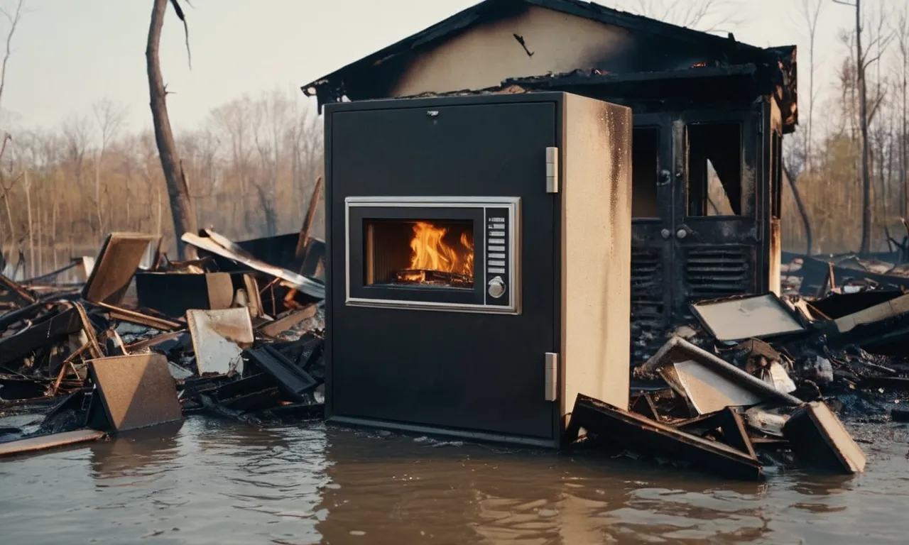 The photo captures a sturdy, fireproof and waterproof home safe standing tall amidst the wreckage of a burnt and flooded house, symbolizing protection and security for valuable possessions.