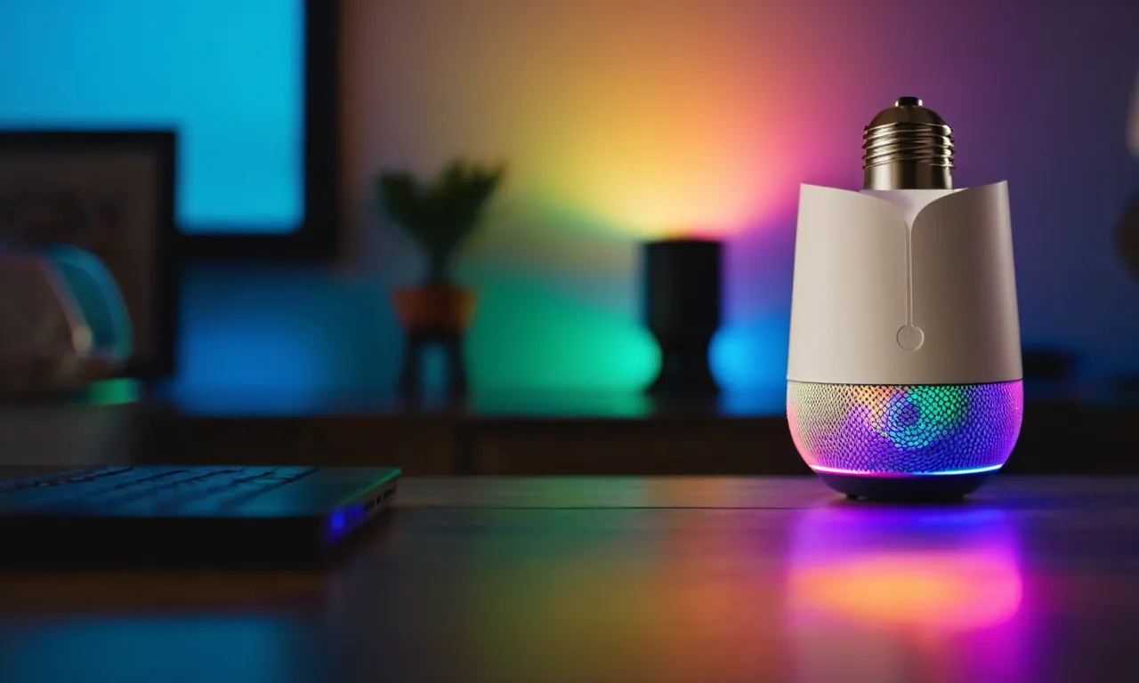 A close-up shot of a beautifully lit smart bulb controlled through Google Home, showcasing its vibrant colors and seamless integration with the smart home ecosystem.