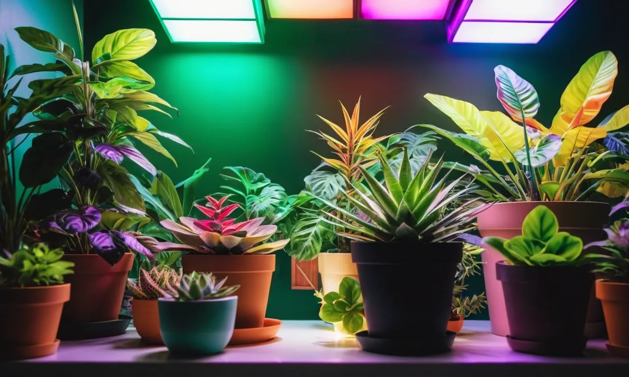 A vibrant image showcasing lush, thriving plants bathed in the intense glow of the best full spectrum LED grow lights, radiating a perfect balance of warm and cool hues.