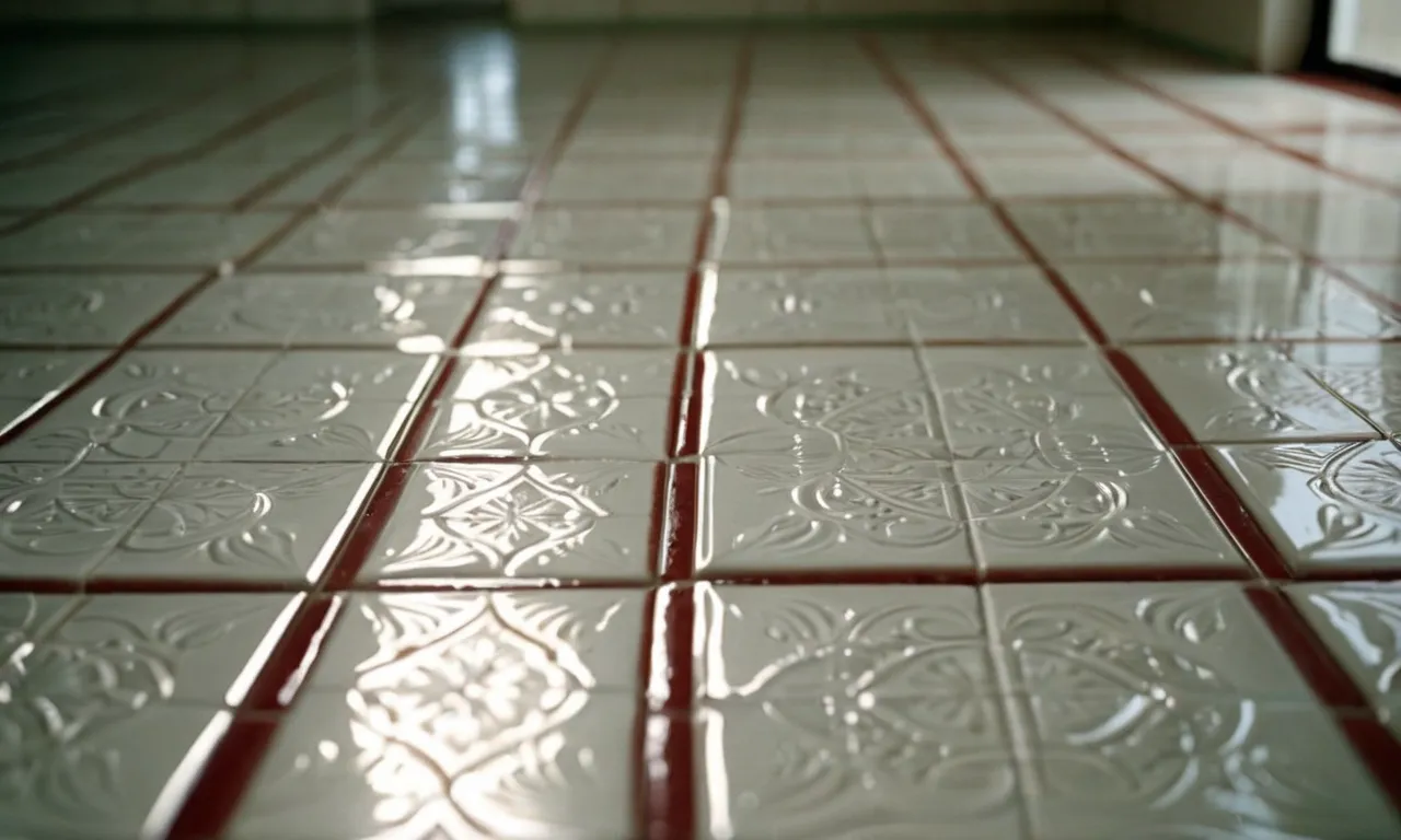 A close-up shot capturing the sparkling clean tile floor with pristine white grout lines, showcasing the effectiveness of the best cleaner for tile floors with grout.