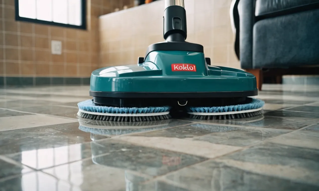 A close-up shot of a sleek, industrial-grade floor scrubber gliding effortlessly across a tiled surface, its rotating brushes tackling stubborn grout stains with precision and efficiency.
