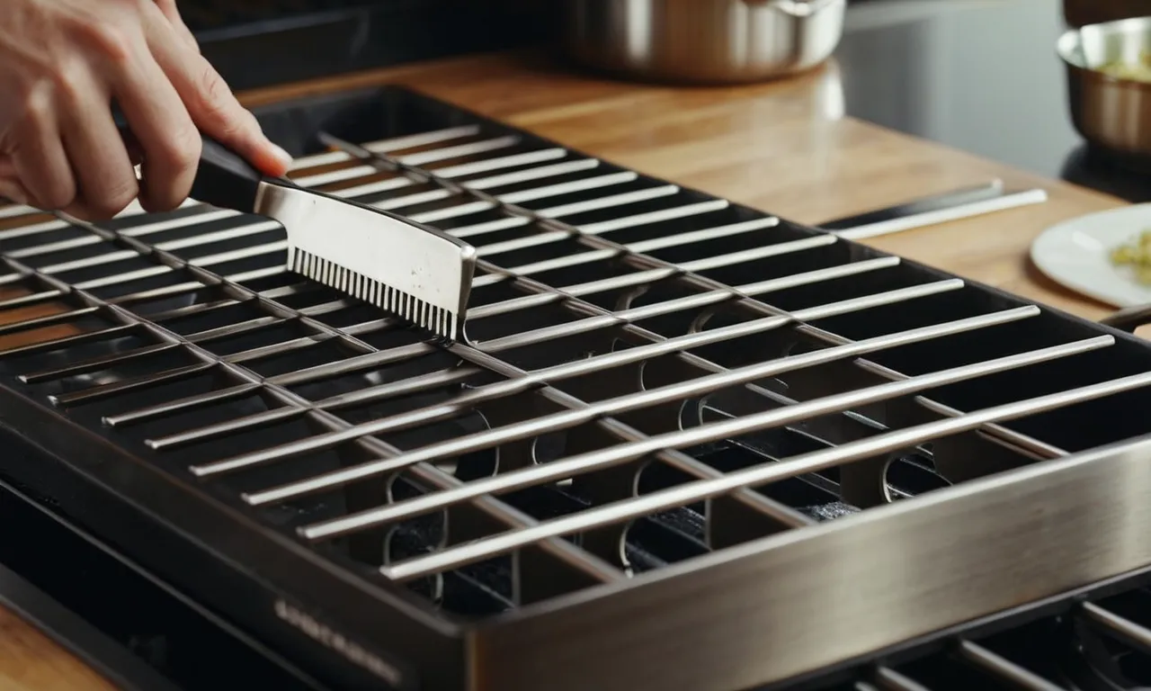 A close-up shot captures a shiny stainless steel grill grate being effortlessly cleaned by a sturdy brush, showcasing its effectiveness and durability in maintaining a pristine cooking surface.