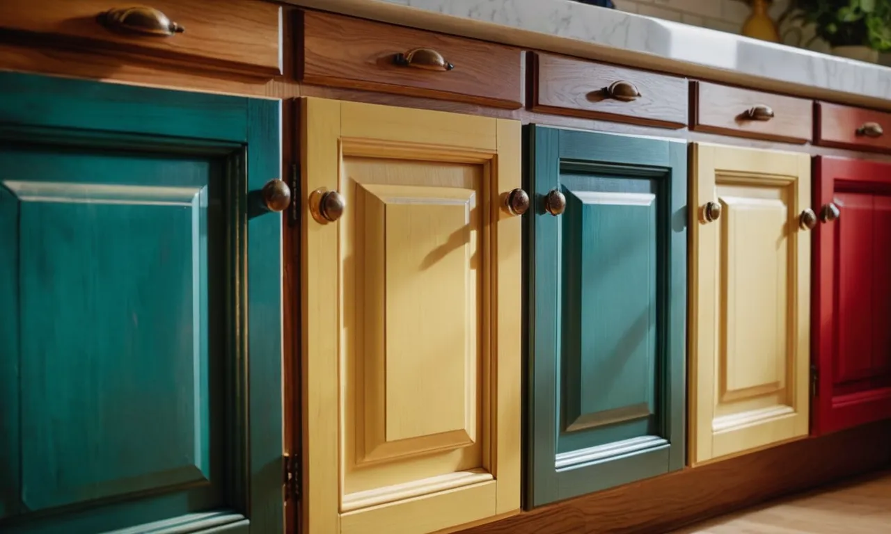 A close-up photo capturing a neatly painted kitchen cabinet door, showcasing the smooth finish and vibrant color achieved using the best paint for kitchen cabinets.