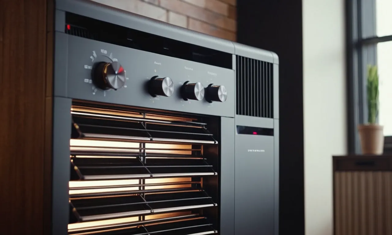 A close-up photo showcasing a sleek, modern heater and cooling fan combo unit, emitting a comfortable breeze and warmth simultaneously, ideal for maintaining a comfortable temperature in any space.