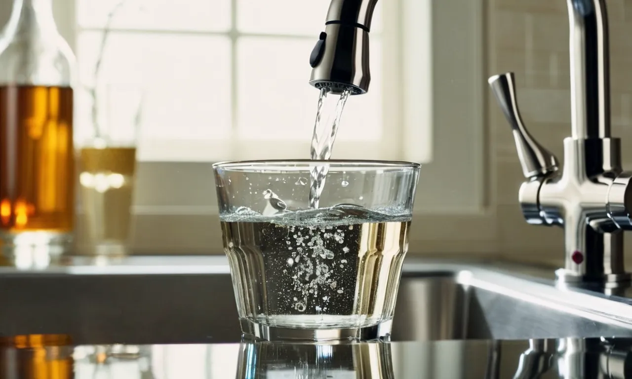 A close-up shot of a sparkling clean glass of water pouring from a faucet, showcasing the effectiveness of the best iron filter for well water.