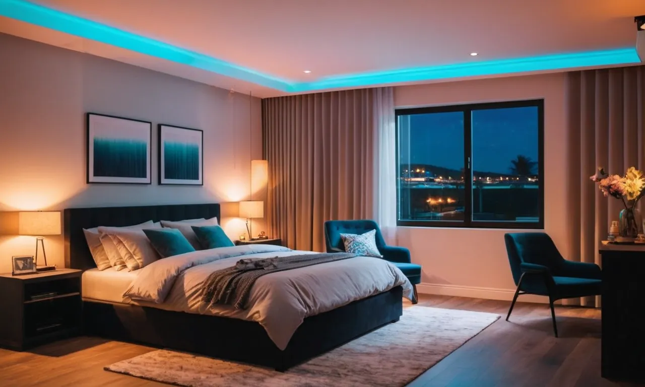 A cozy bedroom illuminated with vibrant LED strip lights, casting a warm and inviting glow. The lights accentuate the room's decor, creating a serene and stylish ambiance.