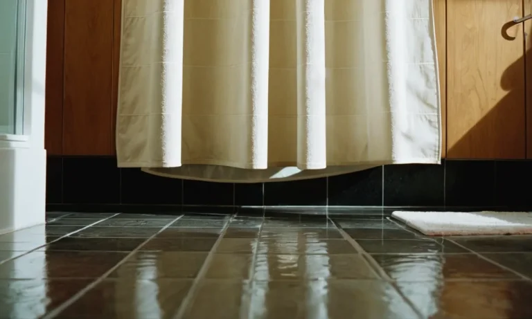 A close-up shot of a shower curtain hanging from a rod, revealing its length as it brushes against the bathroom floor, leaving just enough space for a pair of feet to peek through.