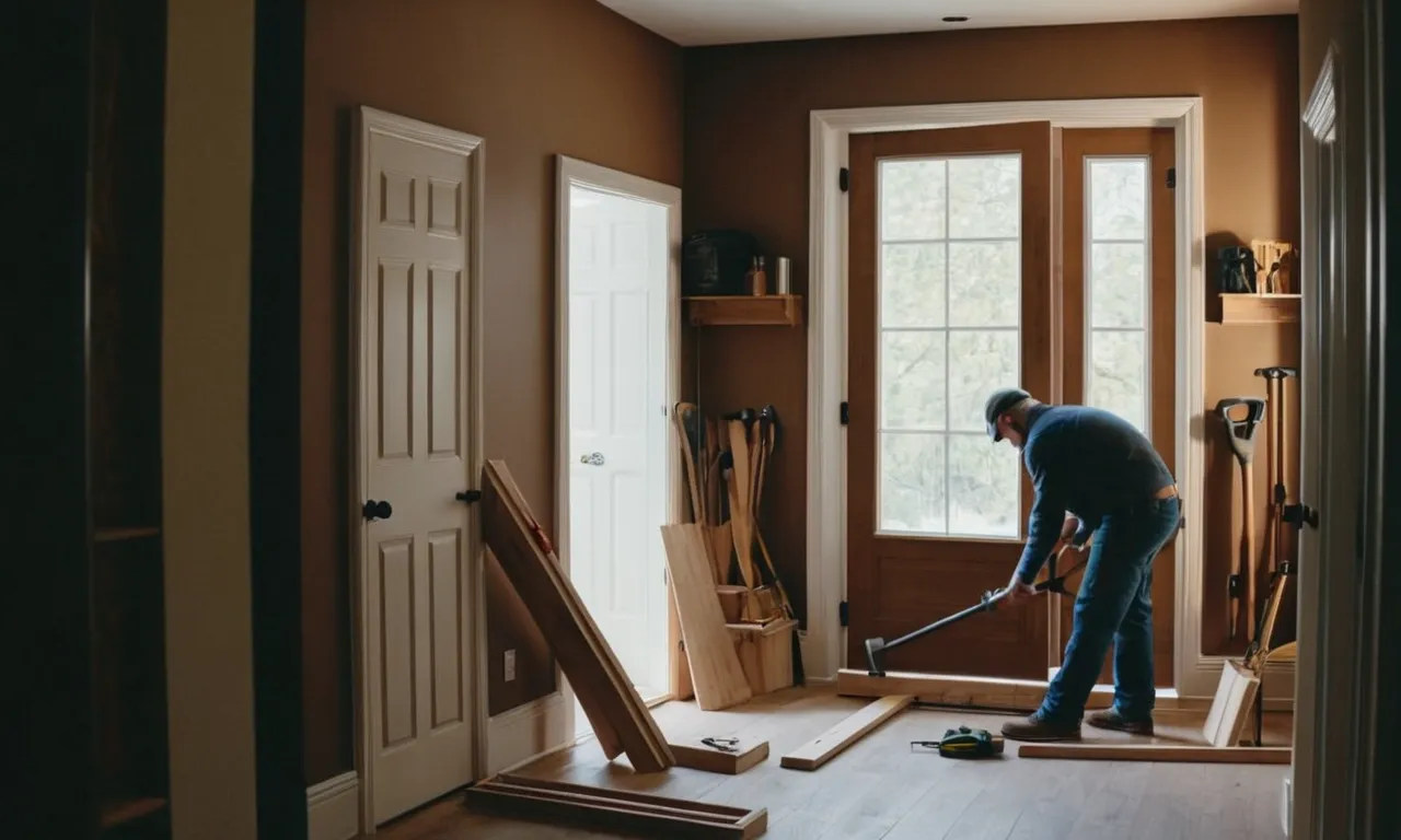 A photo showcasing a skilled carpenter effortlessly installing a new door into a blank wall, surrounded by tools and materials, capturing the process of transforming a space with a functional entryway.