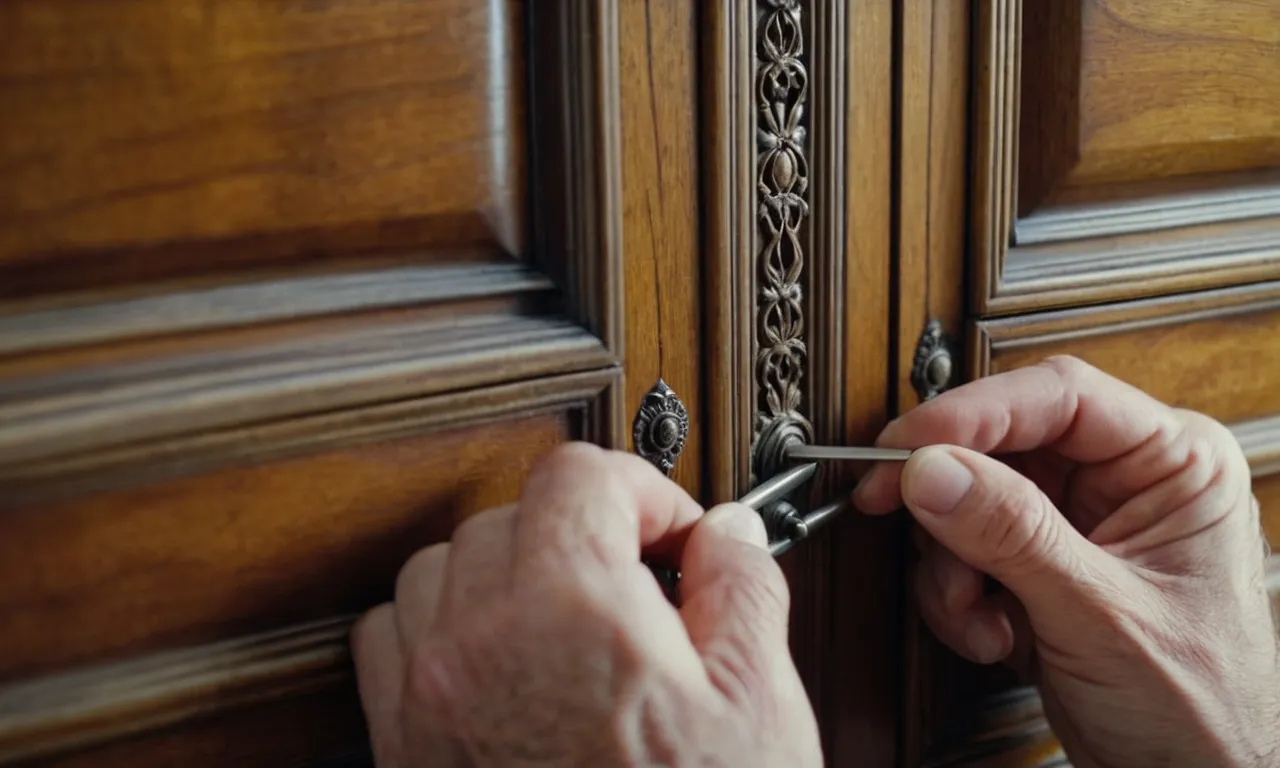 A close-up photo capturing skilled hands delicately adjusting the hinges of an old-style cabinet door, showcasing the intricate details and mechanisms involved in the process.