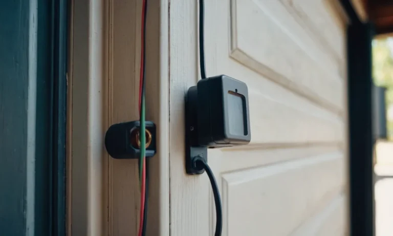 A close-up photo of a pair of disconnected garage door safety sensors, with the wires hanging loosely.