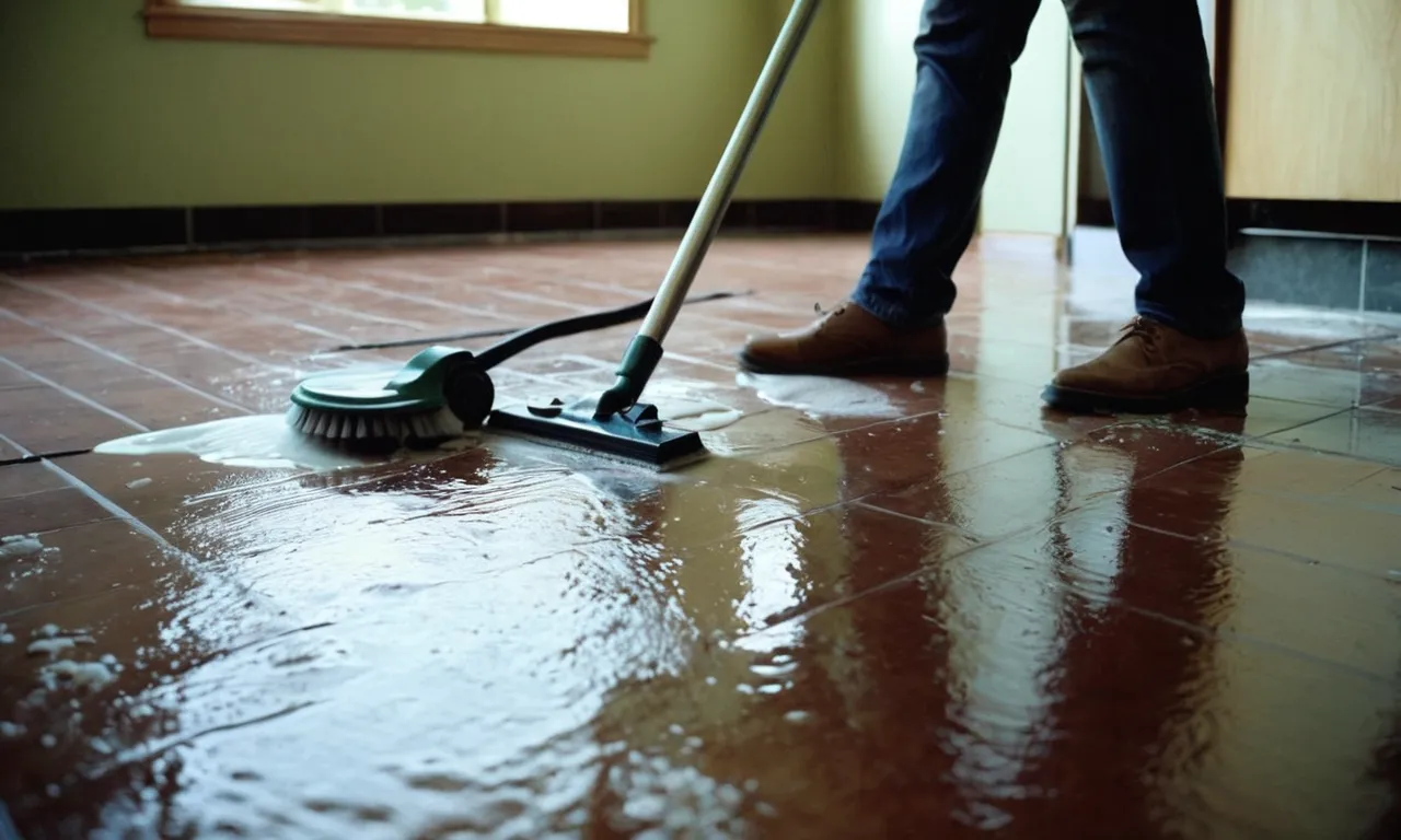 A painting captures the mundane chore of cleaning a sticky tile floor. Meticulous brushstrokes reveal a person on their knees, scrubbing diligently, surrounded by cleaning supplies and a gleaming floor.