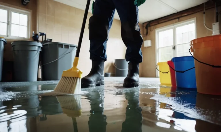 A photo of a person wearing protective gear, scrubbing an epoxy garage floor with a long-handled brush, surrounded by cleaning supplies and a bucket of soapy water.