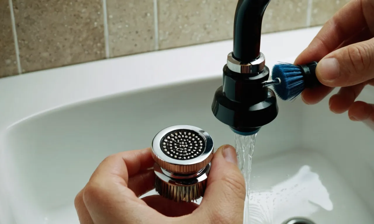 A close-up shot capturing a person using a small brush to delicately clean a faucet aerator while it is still attached to the faucet, showcasing effective maintenance without the need for removal.
