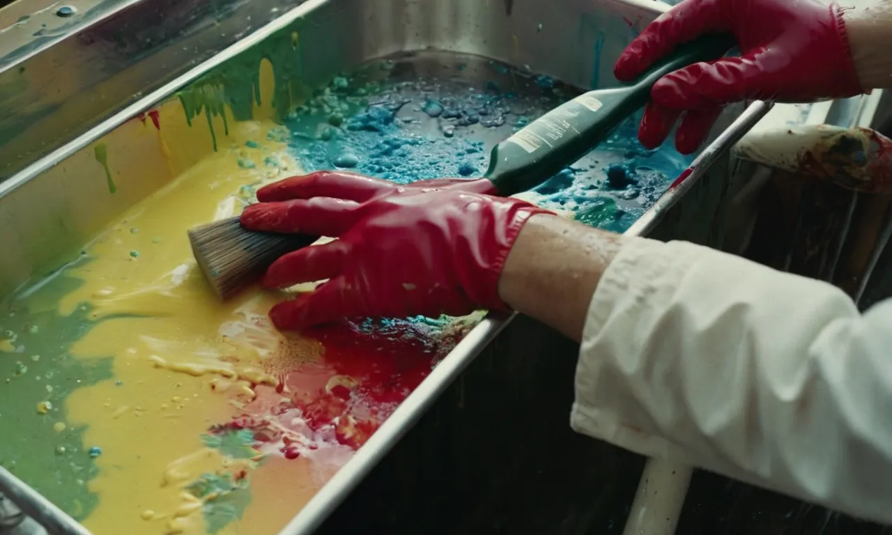 A close-up shot showcasing a pair of gloved hands gently scrubbing a paintbrush under running water, with streaks of colorful oil-based paint being washed away.