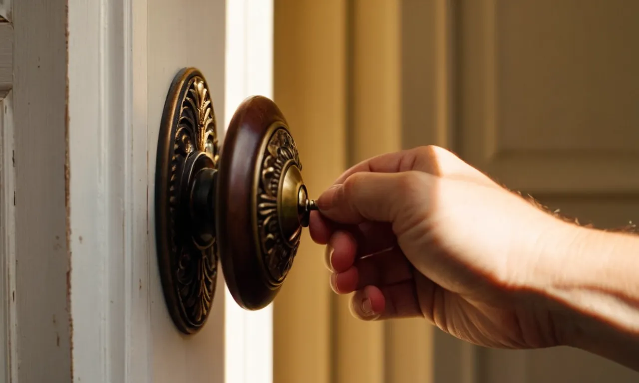 A photograph captures a hand gently grasping a doorknob, sunlight peeking through the keyhole, signifying the art of letting go and embracing new beginnings.