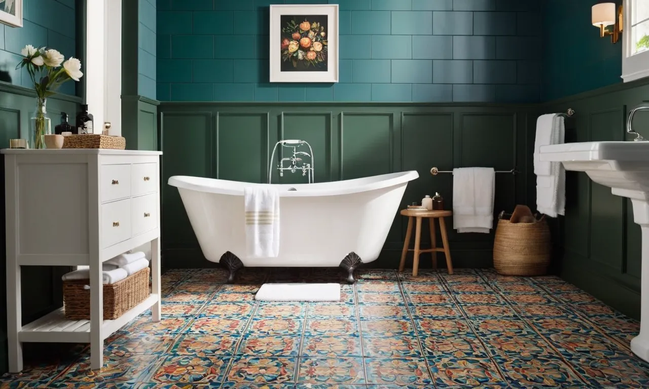 A vibrant and detailed painting showcasing an array of non-slip bathroom floor tiles, capturing their beauty and functionality amidst a serene bathroom setting.