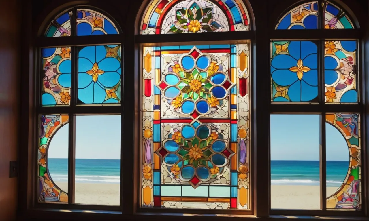 A painting depicting a whimsical scene of a window adorned with vibrant stained glass panels, casting a kaleidoscope of colors and patterns onto the room, offering privacy without the need for traditional curtains.