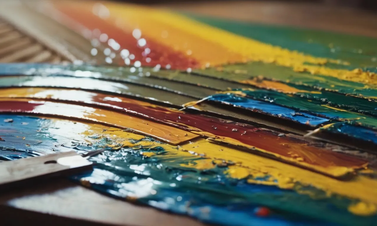 A vibrant painting capturing the essence of drying oil paint faster: A palette knife slicing through thick layers, sunlight dancing on canvases, and a fan blowing gently, expediting the drying process.