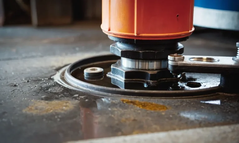 A close-up photo capturing a hydraulic floor jack's oil reservoir cap being unscrewed, revealing the opening where oil is poured in, highlighting the essential steps for properly filling the jack with oil.