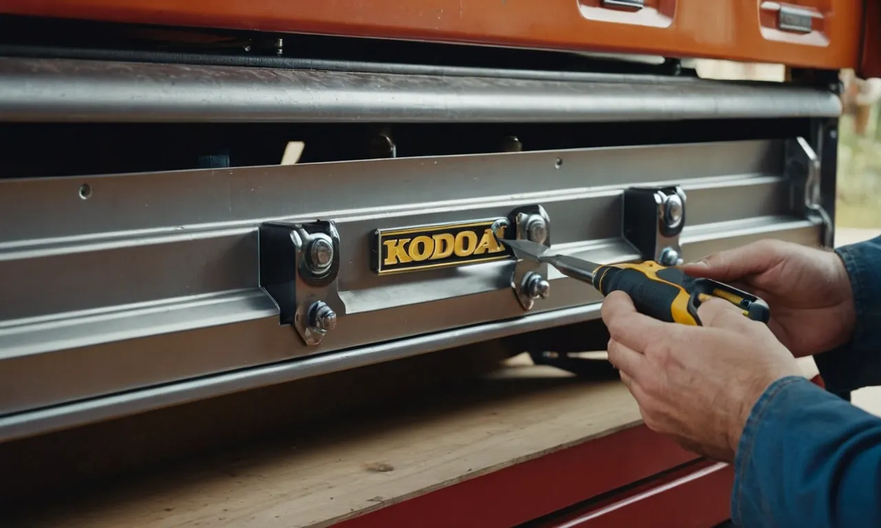 A close-up photo showcasing a skilled repair technician methodically realigning a garage door back on track, accompanied by a toolbox and various tools, ensuring smooth operation.