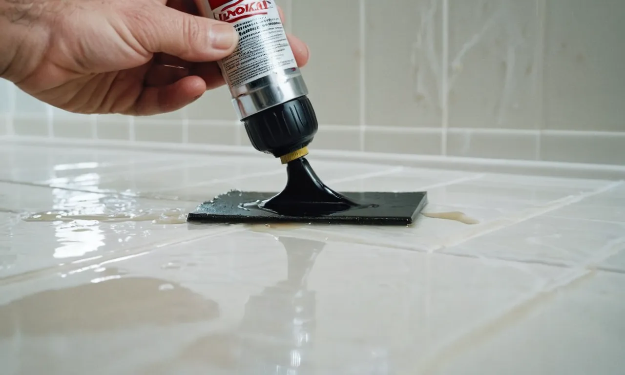 A close-up photograph capturing a skilled hand expertly applying a sealant to a hairline crack on a pristine white shower floor, ensuring a flawless repair.