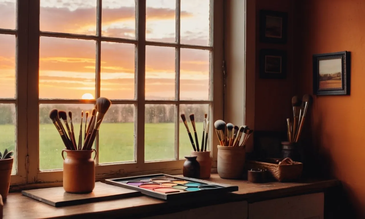 A vibrant sunset spills warm hues through a window, casting gentle light on an artist's brush and a palette of vivid colors, inviting creativity to flourish in the cozy sanctuary of an indoor studio.