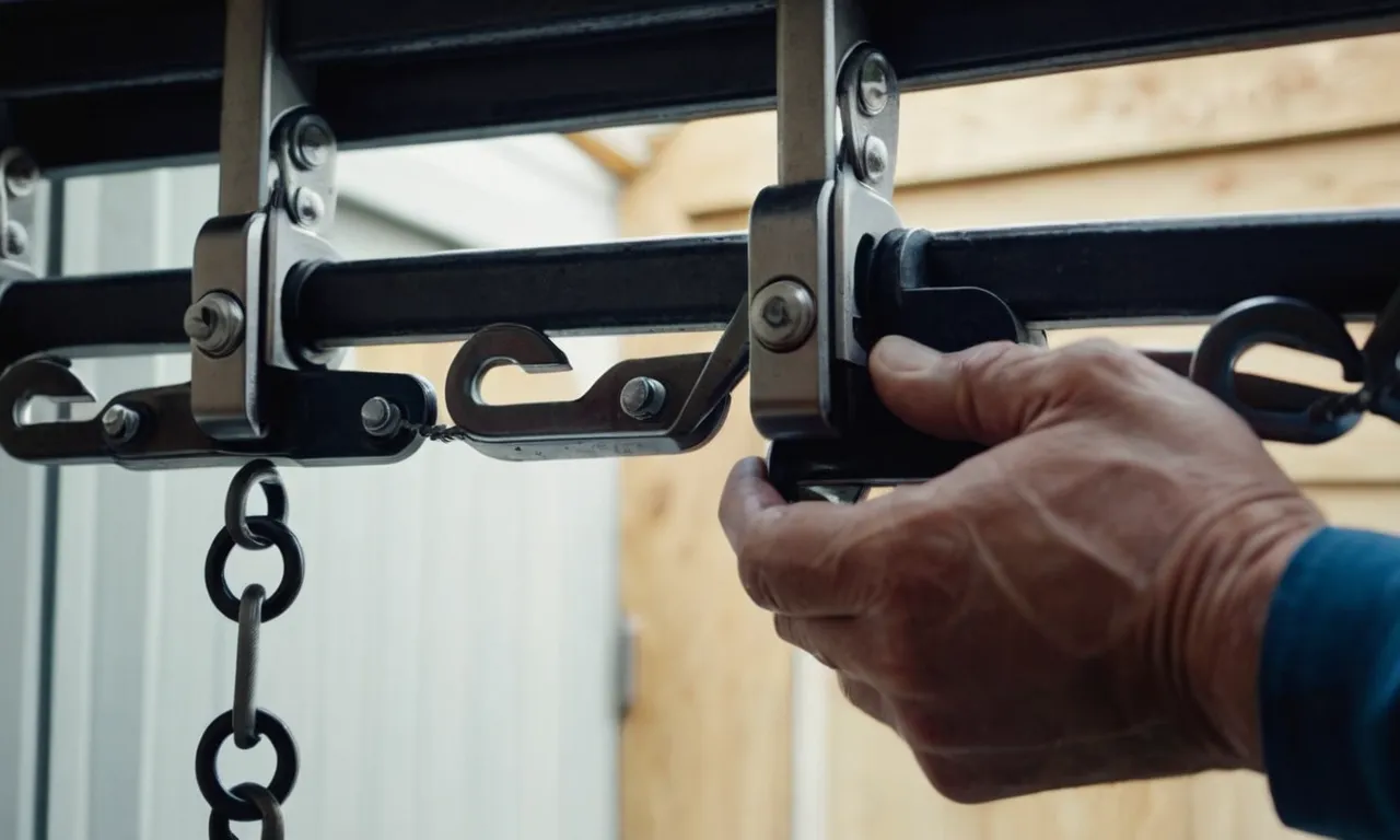 A close-up photo capturing a skilled hand adjusting a garage door chain tension, showcasing the precise movements and tools involved in the process.