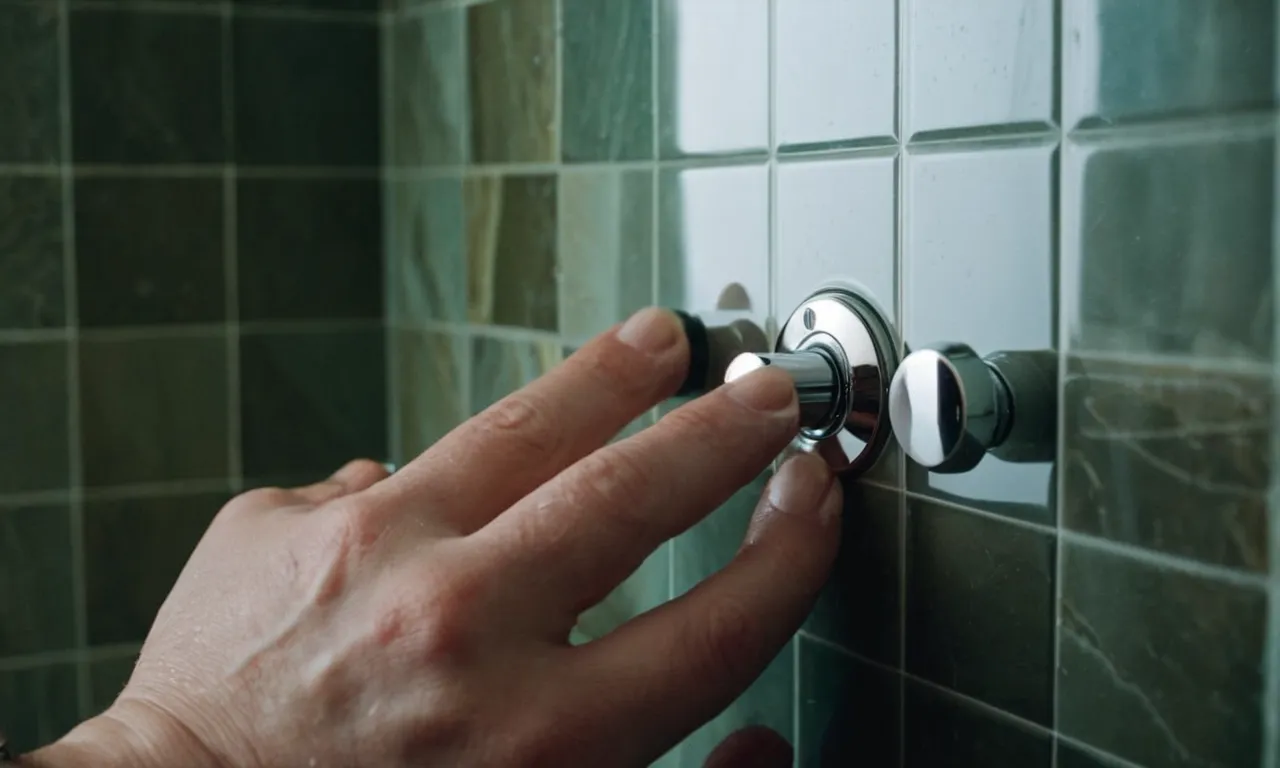 A close-up shot capturing skilled hands delicately adjusting the hinges of a shower door, showcasing the process of fixing it with precision and expertise.