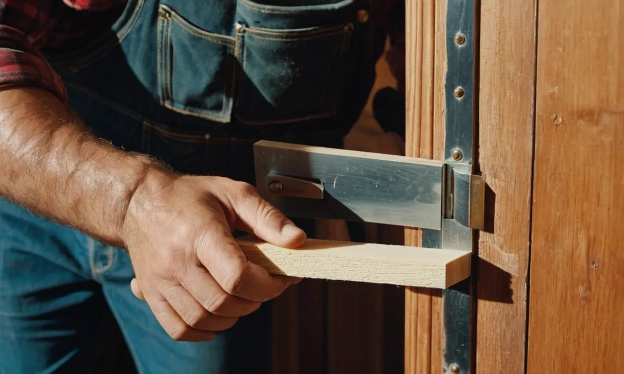 A photo of a carpenter's hand gently sanding the swollen edge of a wooden door, accompanied by tools like a plane and sandpaper, showcasing the process of fixing a swollen door.