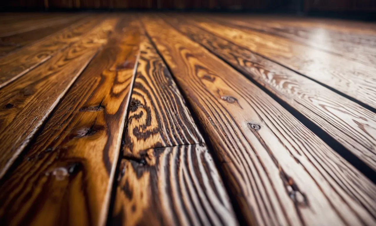 A close-up photo capturing the intricate patterns of a warped wood floor, revealing the distressing effects of moisture and time.