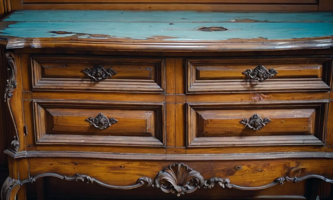 A close-up photograph capturing the intricate details of water-damaged swollen wood furniture, revealing warped surfaces and peeling paint, evoking a sense of distress and highlighting the need for repair.