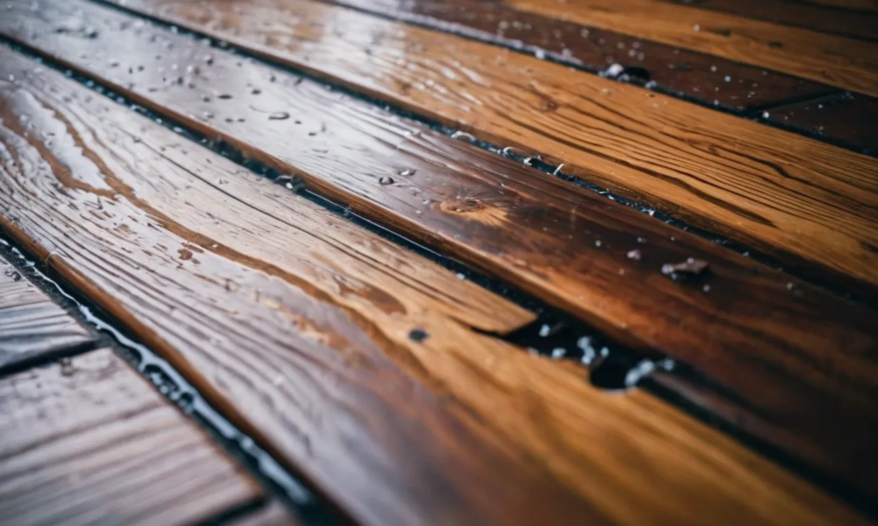 A close-up photo capturing the warped and discolored sections of a water-damaged wood floor, revealing the intricate grain patterns and the urgency for repair.
