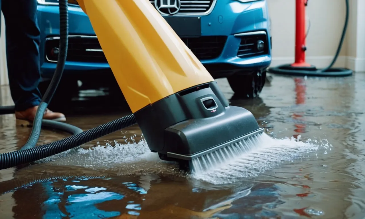 A photo shows a person using a wet/dry vacuum to remove water from a car floor. The person's focused expression and the machine's suction power are evident.