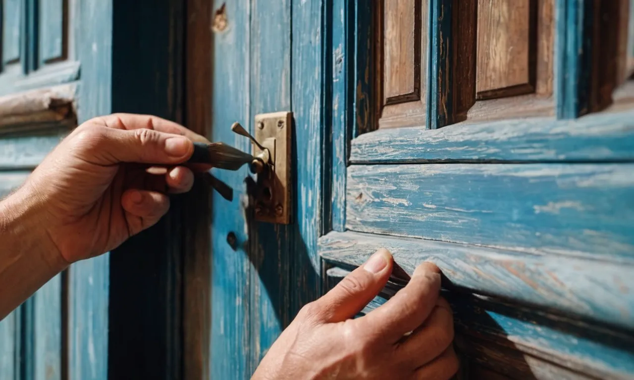 A painting depicting skilled hands delicately repairing a worn wooden door, capturing the essence of craftsmanship and the beauty of restoration.