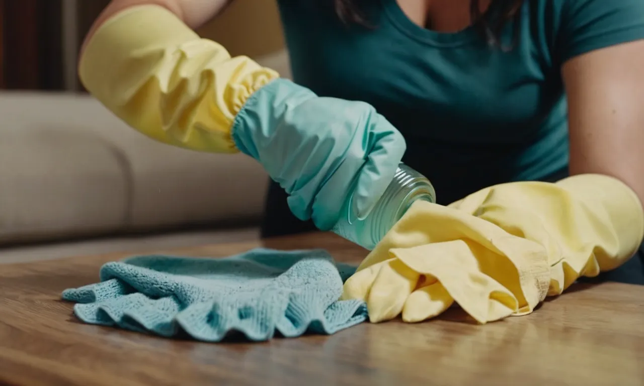 A photo showcasing a person wearing protective gloves, using a specialized cleaning solution and a cloth to remove cat urine stains and odor from a piece of furniture.