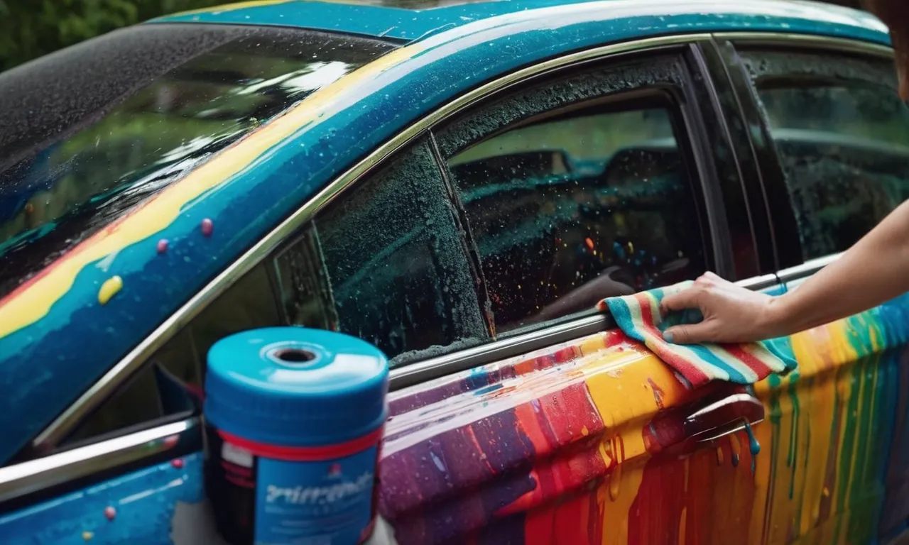 A close-up shot of a car window covered in vibrant streaks of colorful paint, with a person gently scrubbing it off using a soft cloth and a specialized cleaning solution.