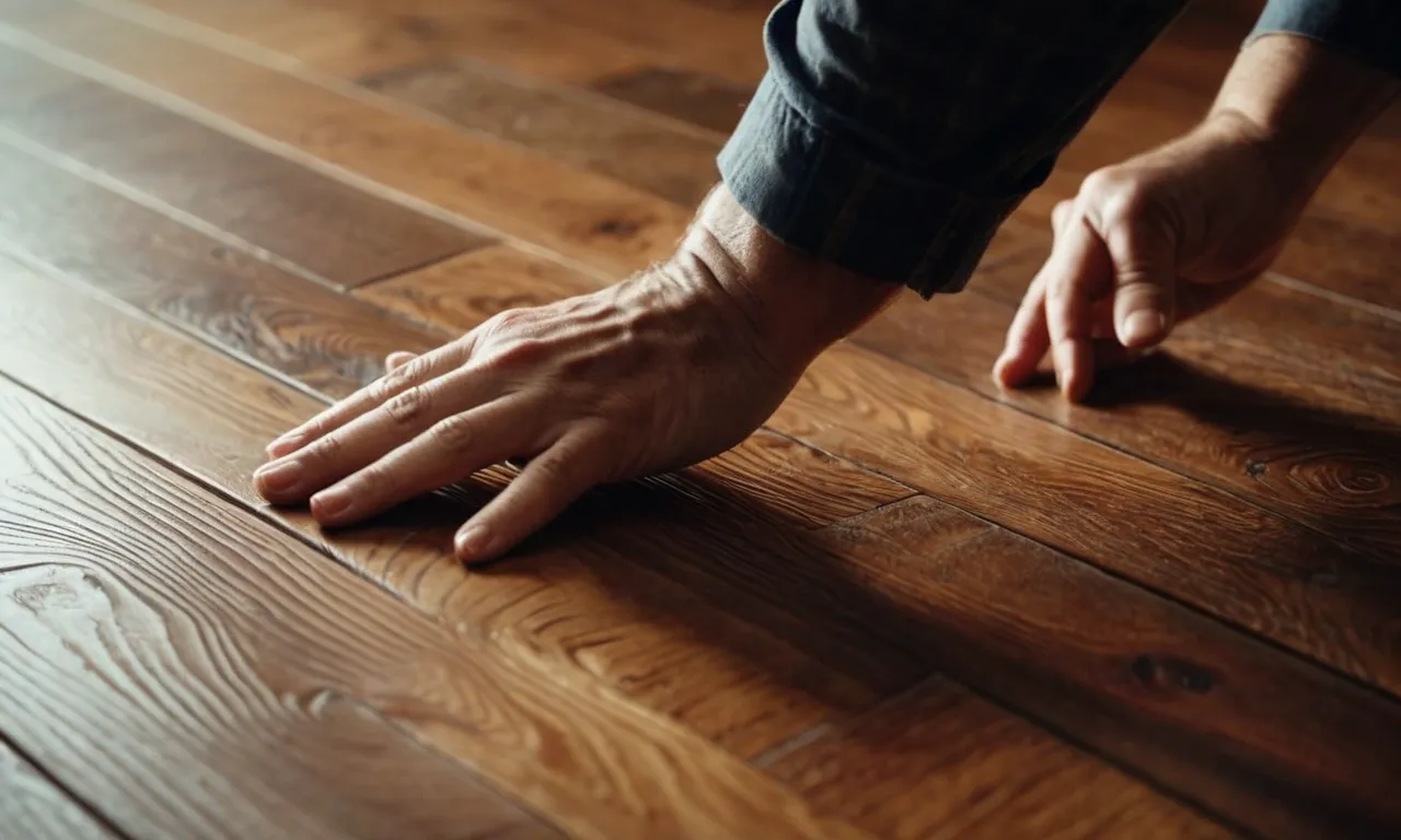 A close-up shot capturing a pair of hands gently sanding a wooden floor, revealing the intricate grain pattern and the process of removing scratches with precision and care.